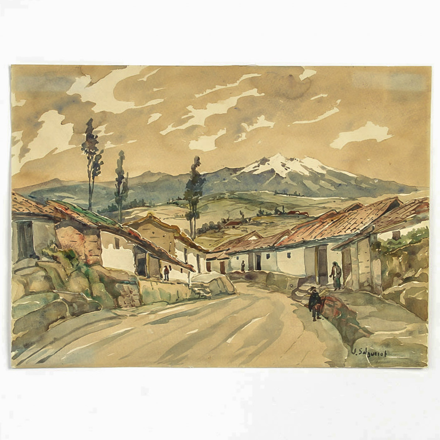 J. Salguerot Watercolor Painting on Paper "Peruvian Village Landscape"