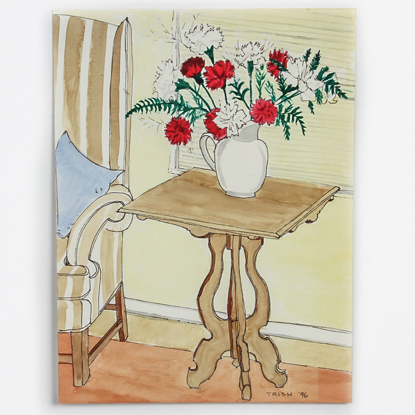Signed Watercolor Painting on Paper "Red and White Carnations"