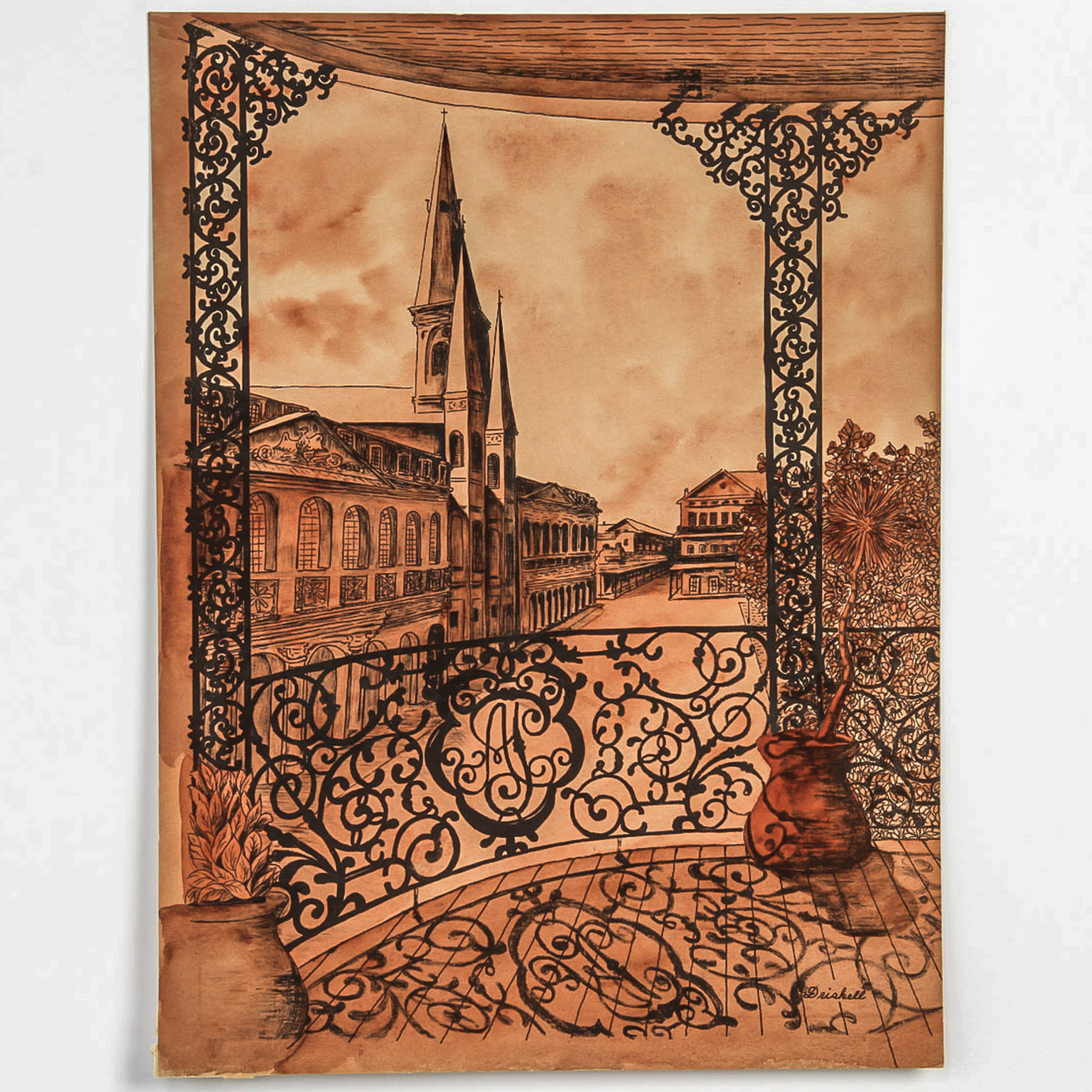 J. S. Driskoll Hand Colored Woodcut Print on Paper