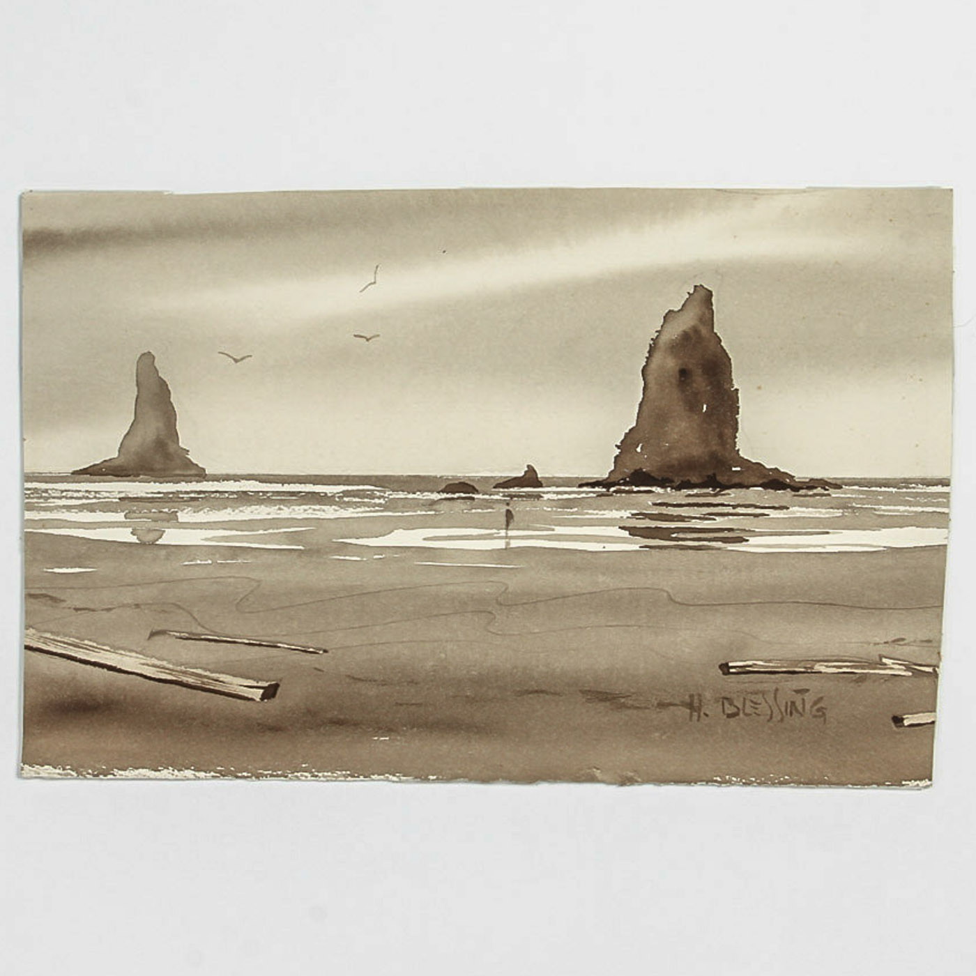 H. Blessing Ink Wash on Paper "Oregon Coast"