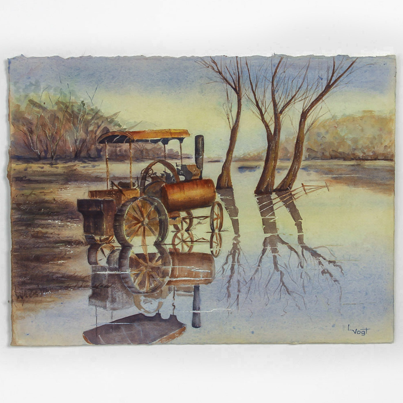 Lucien Vogt Watercolor on Arches Paper "Steam Tractor Reflections"