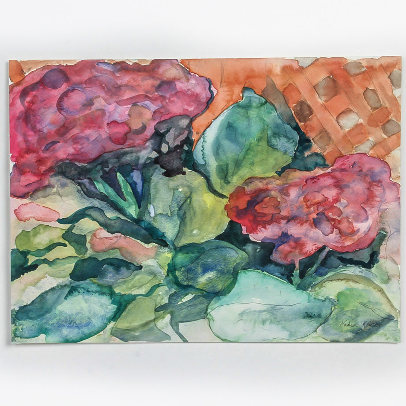 Nadia Keiser Watercolor and Graphite Painting on Paper "Floral Border"
