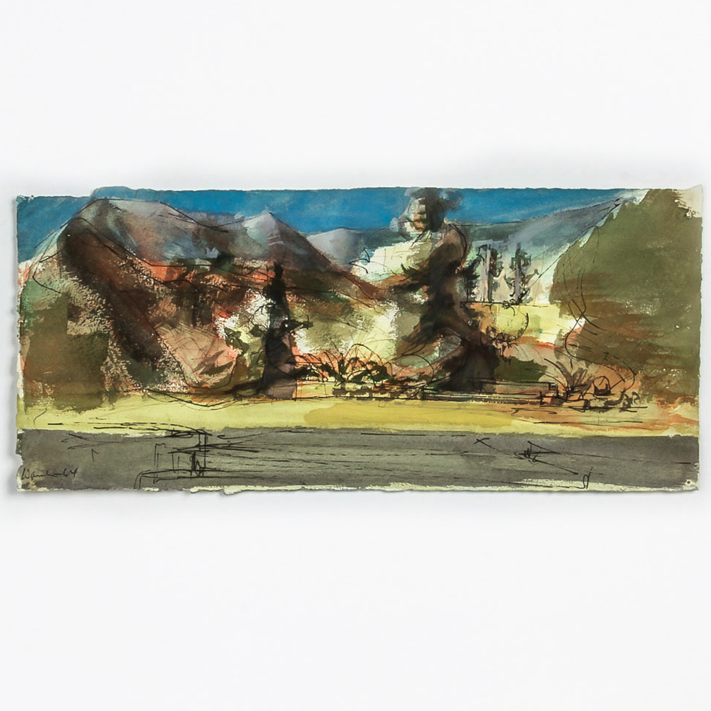 Ink and Watercolor Painting on Paper of Abstract Landscape