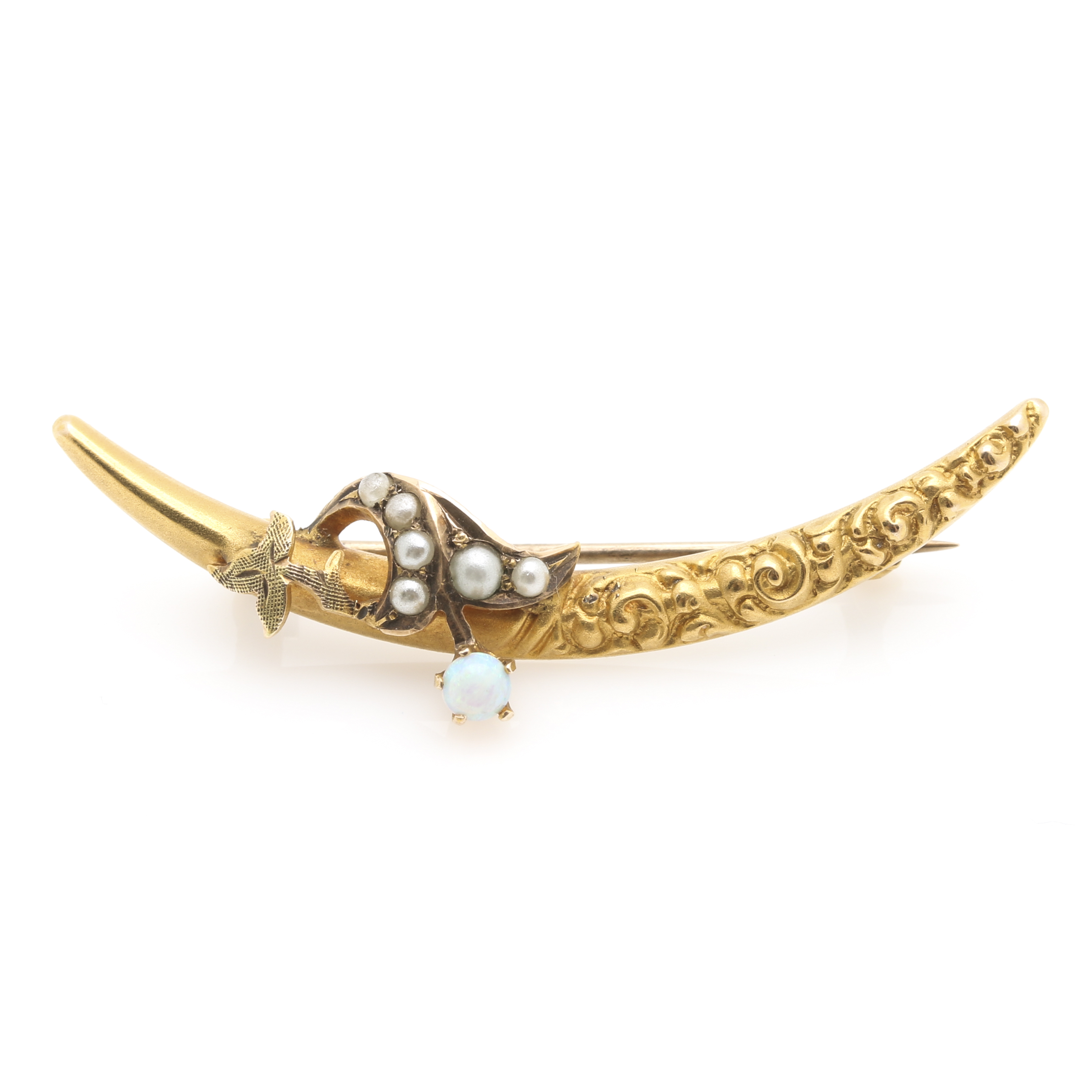 10K Yellow Gold Opal and Seed Pearl Crescent Brooch