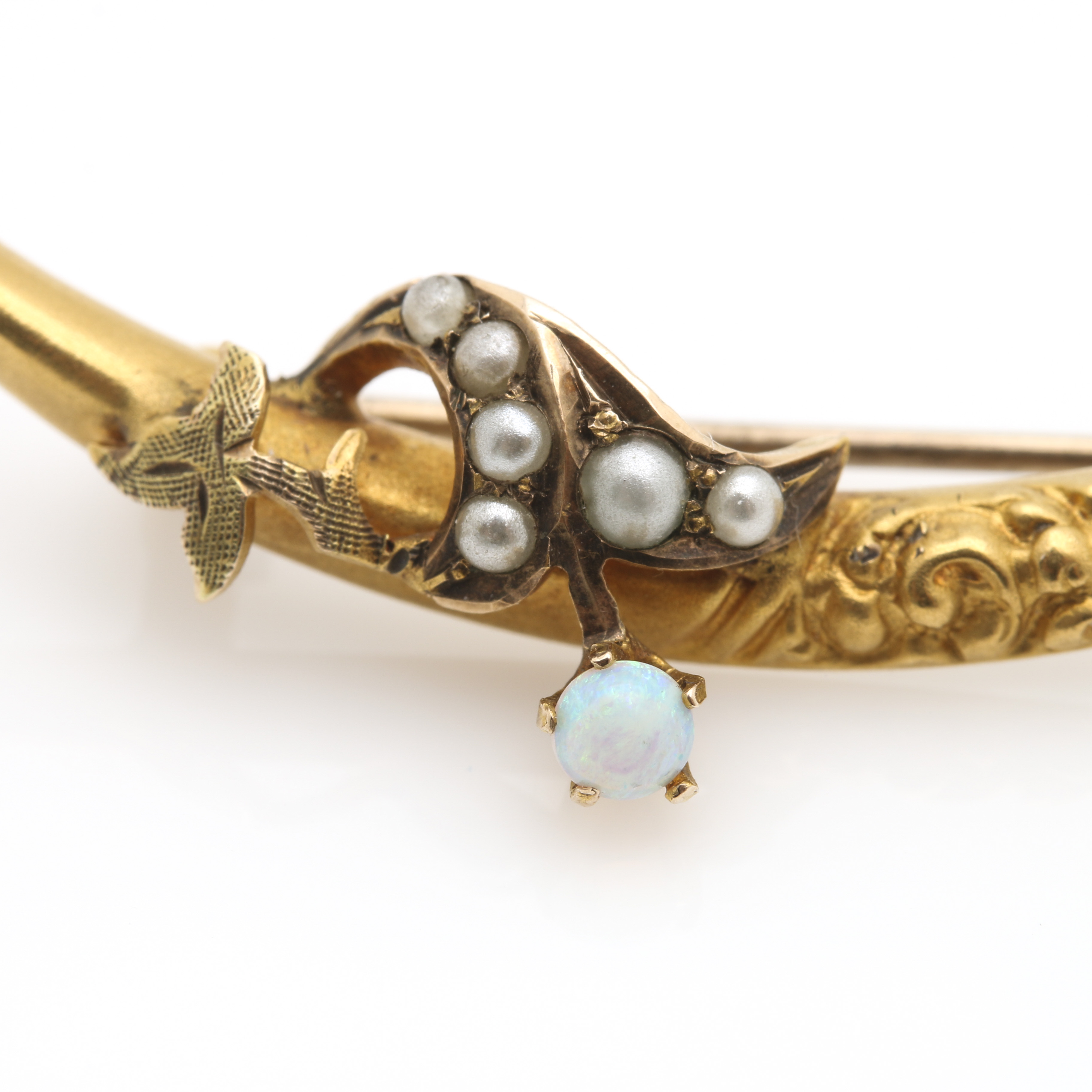10K Yellow Gold Opal and Seed Pearl Crescent Brooch