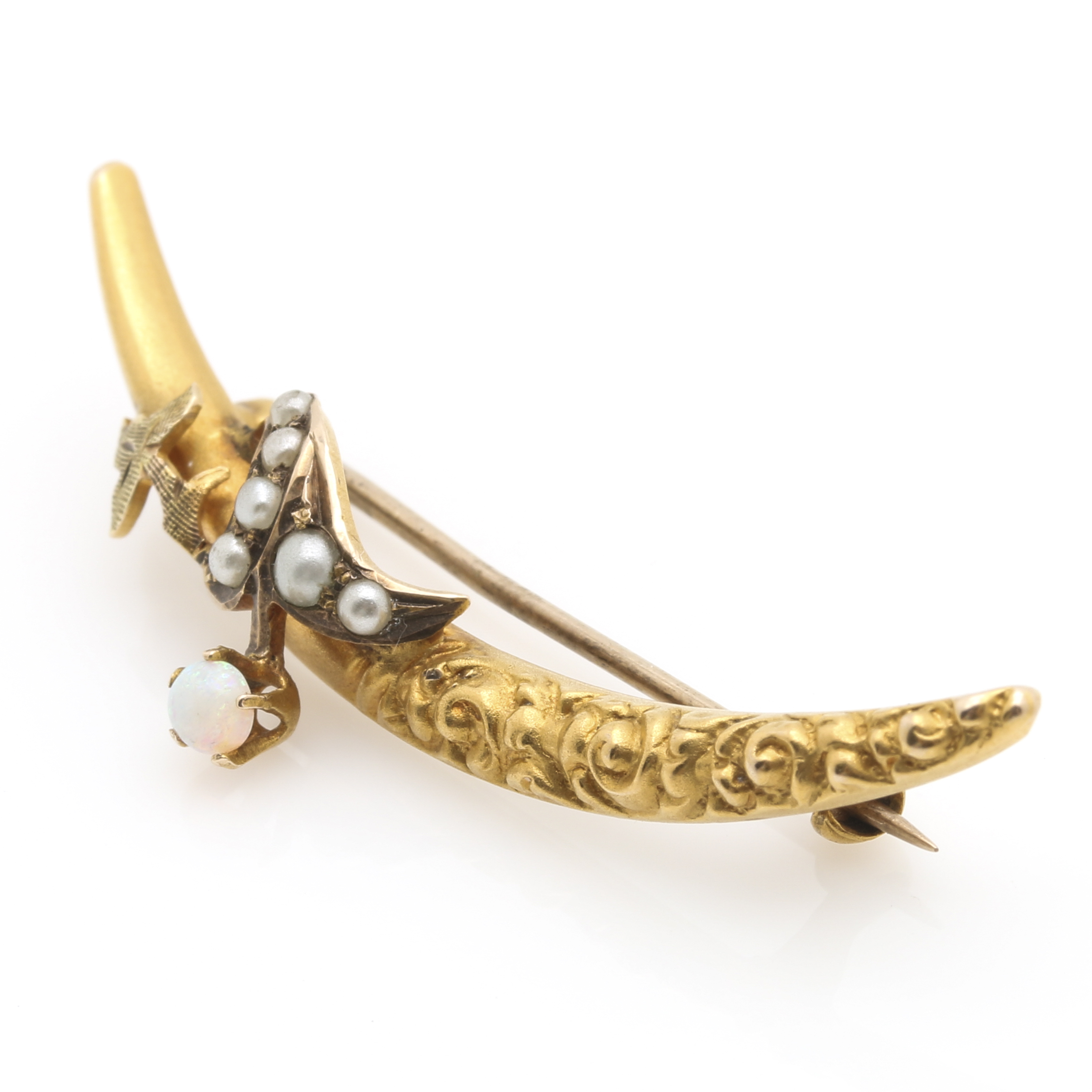 10K Yellow Gold Opal and Seed Pearl Crescent Brooch
