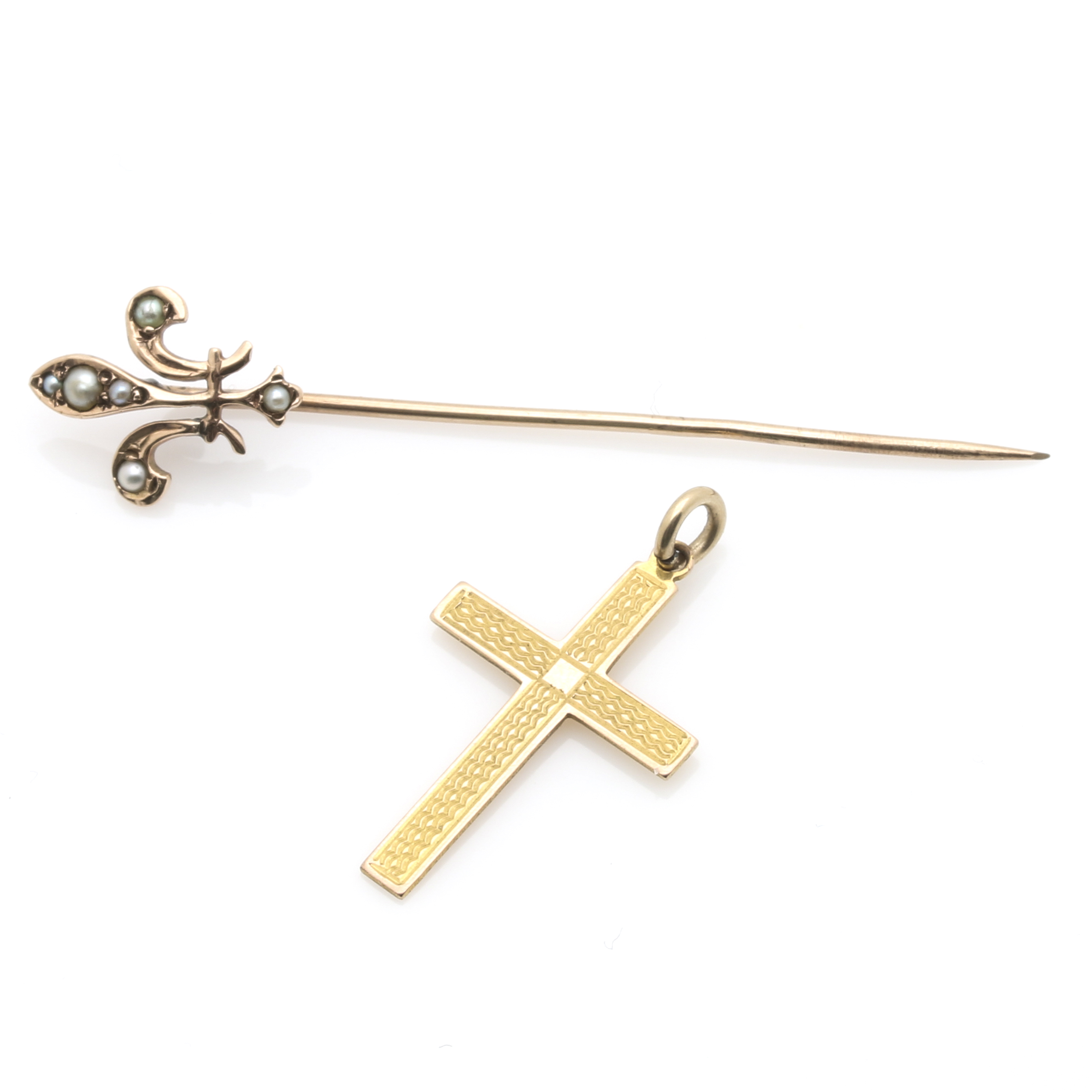 10K Yellow Gold Seed Pearl Cross Pendant and Fleur De Lis Pin