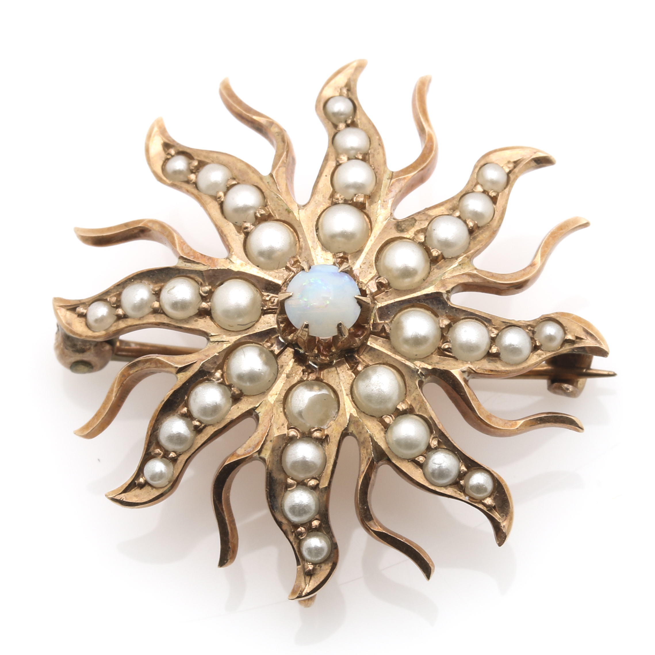 10K Yellow Gold Opal and Pearl Sunburst Pendant Brooch