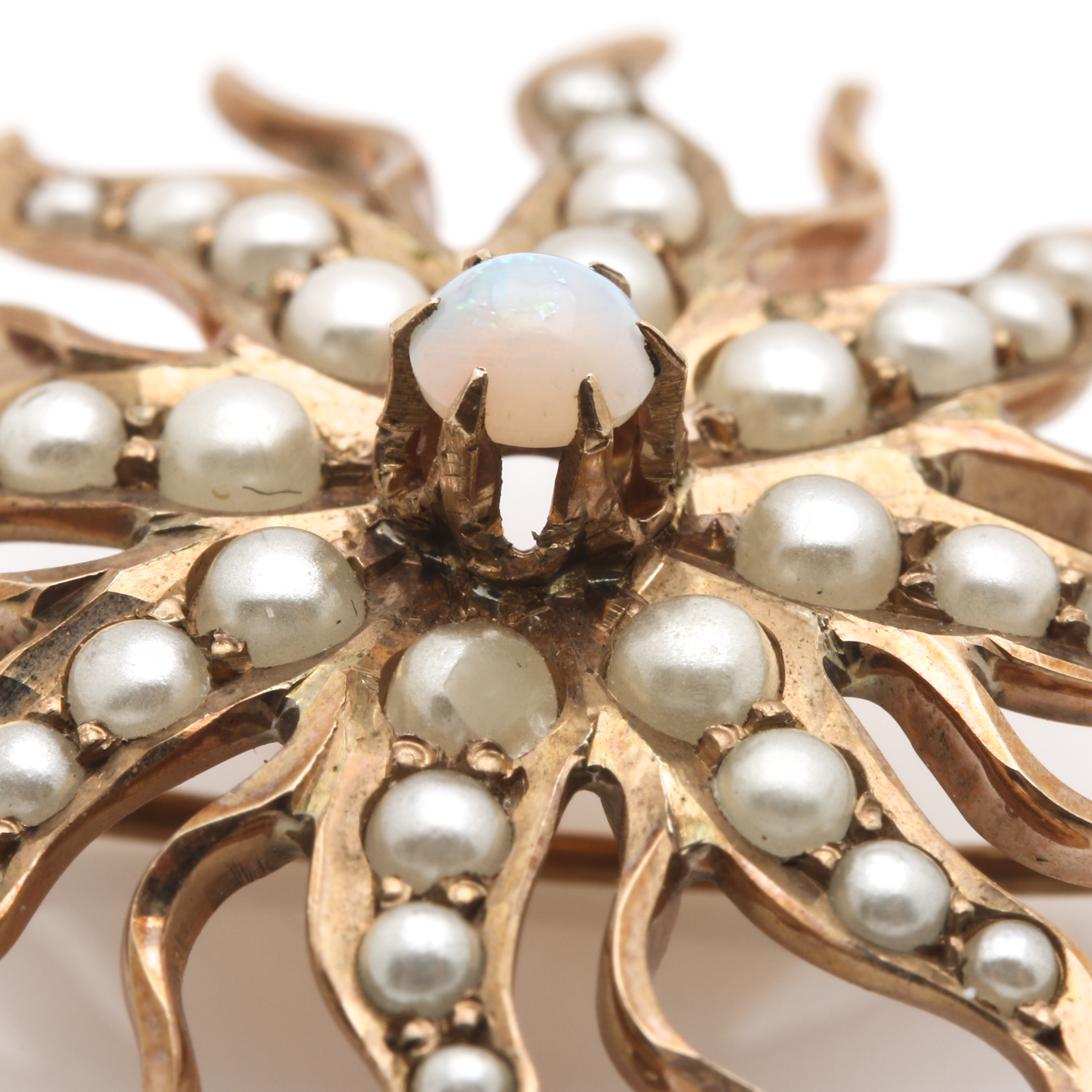 10K Yellow Gold Opal and Pearl Sunburst Pendant Brooch