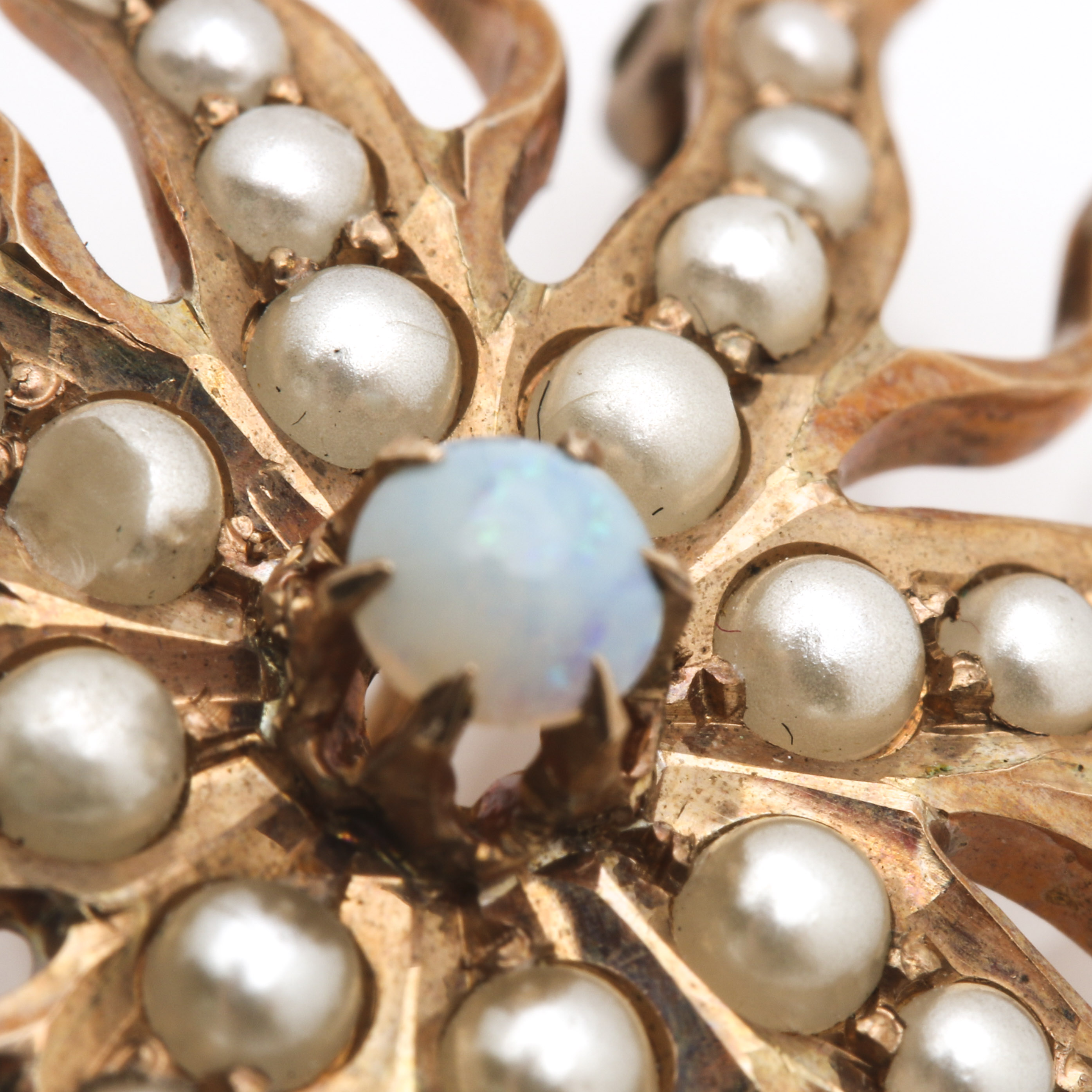 10K Yellow Gold Opal and Pearl Sunburst Pendant Brooch