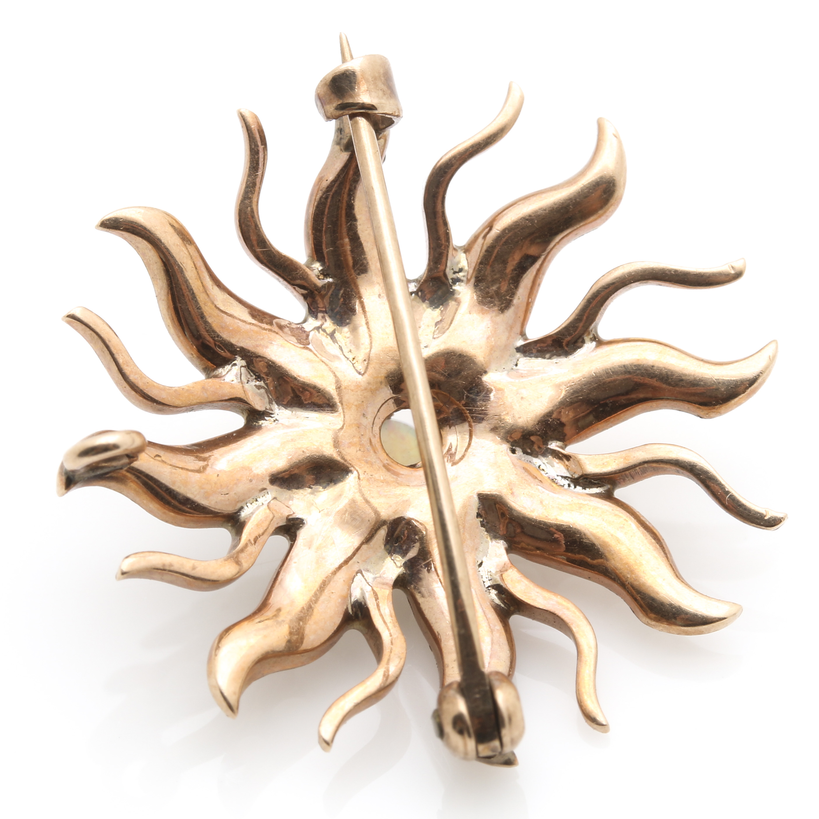 10K Yellow Gold Opal and Pearl Sunburst Pendant Brooch