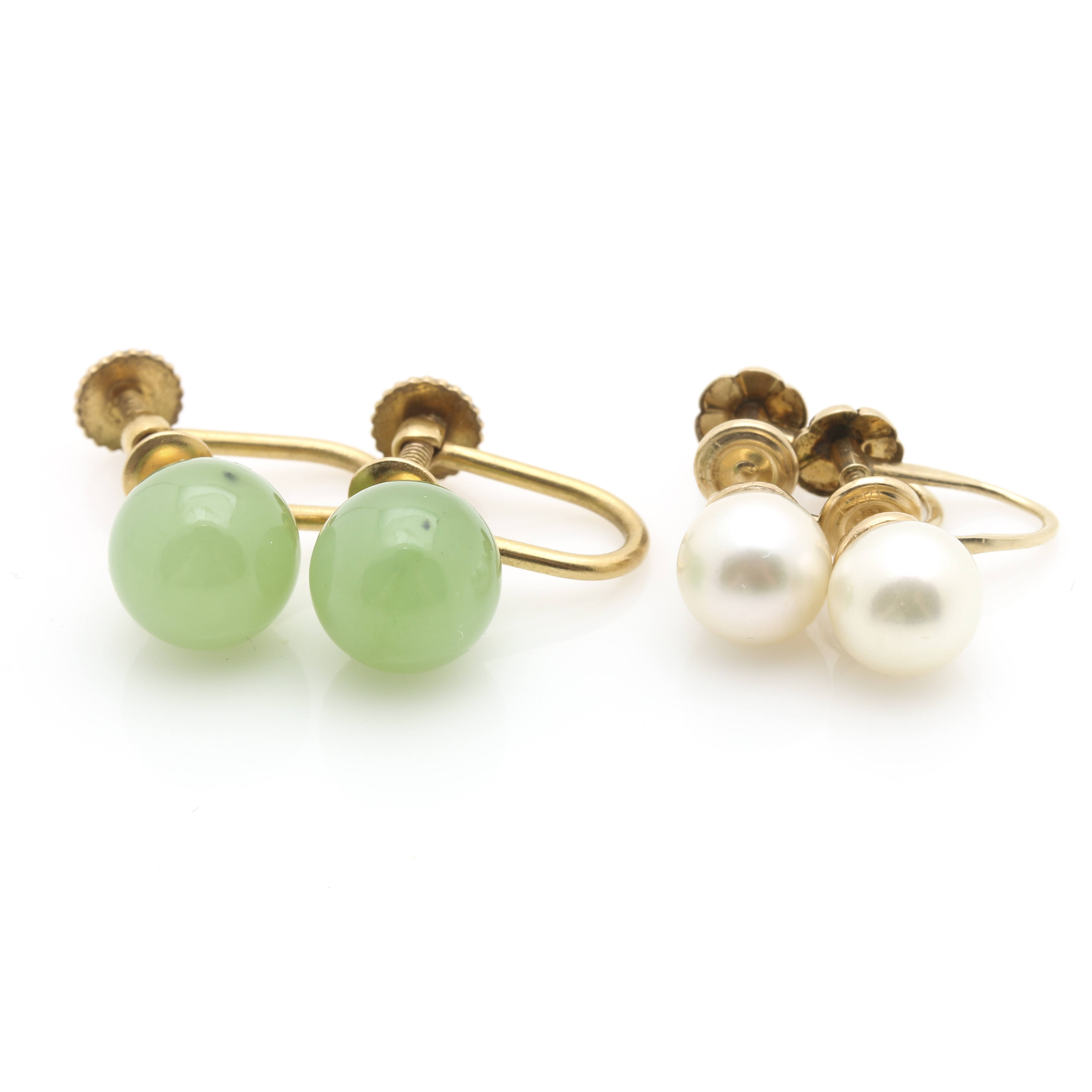14K Yellow Gold Cultured Pearl and Serpentine Earrings