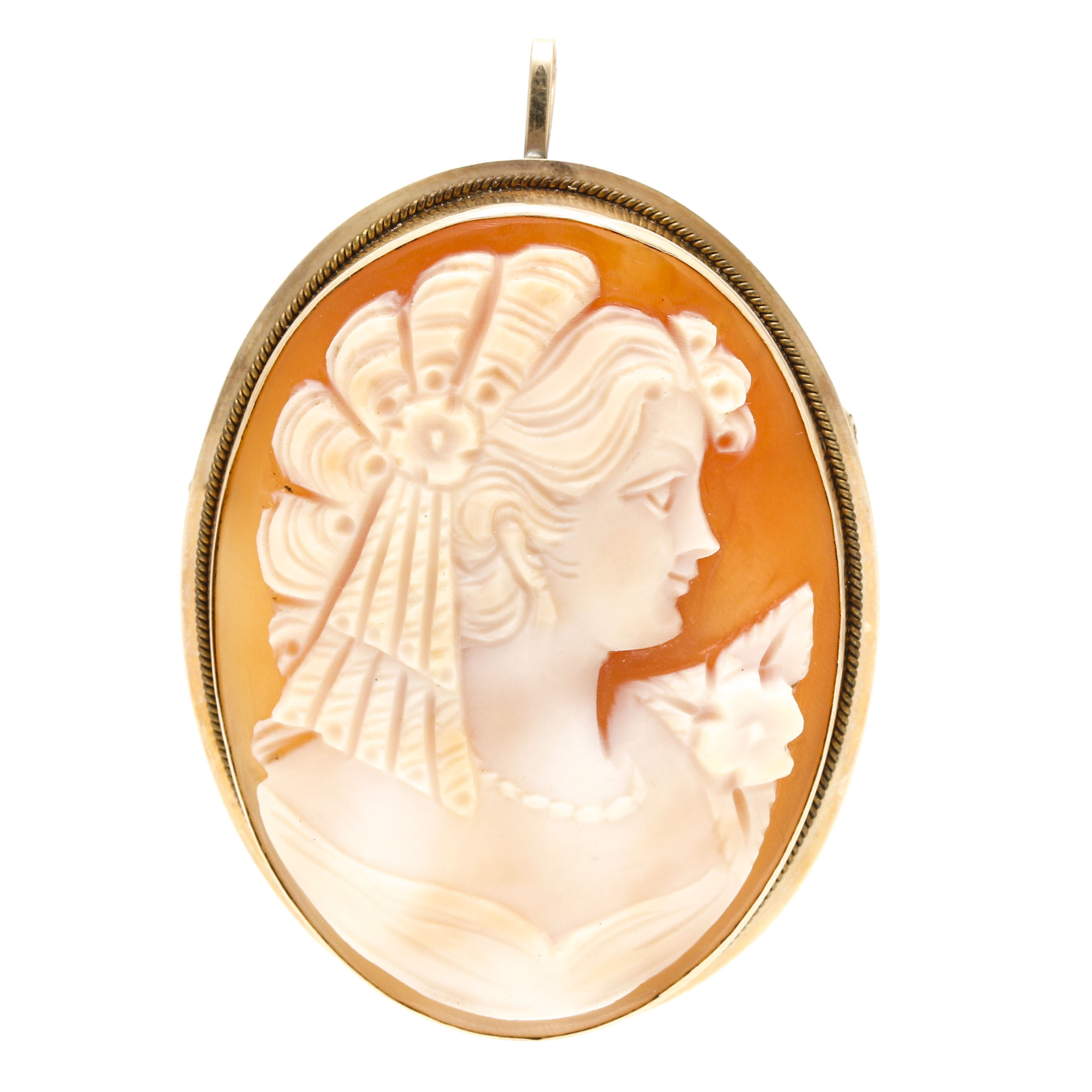 14K Yellow Gold Helmet Shell Cameo Pendant Brooch