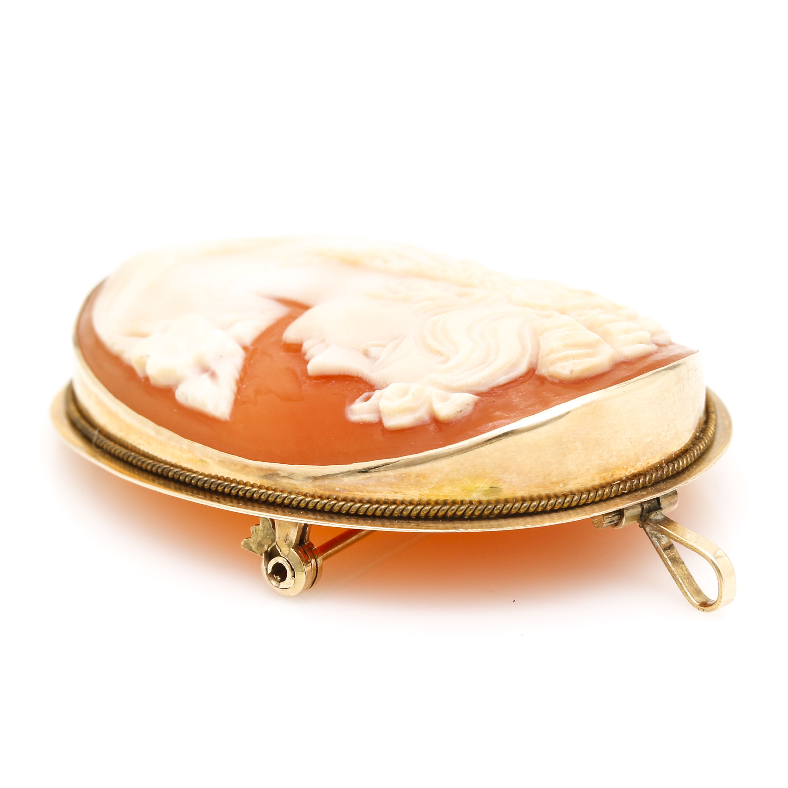 14K Yellow Gold Helmet Shell Cameo Pendant Brooch