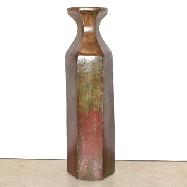 Hexagonal Olive and Rust Toned Terracotta Floor Vase