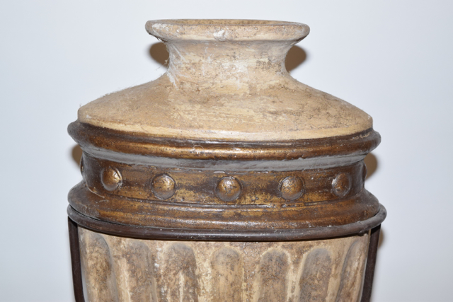 Antiqued Finish Bullet Style Terracotta Floor Vase in a Metalwork Base