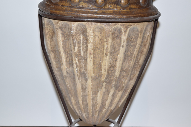 Antiqued Finish Bullet Style Terracotta Floor Vase in a Metalwork Base