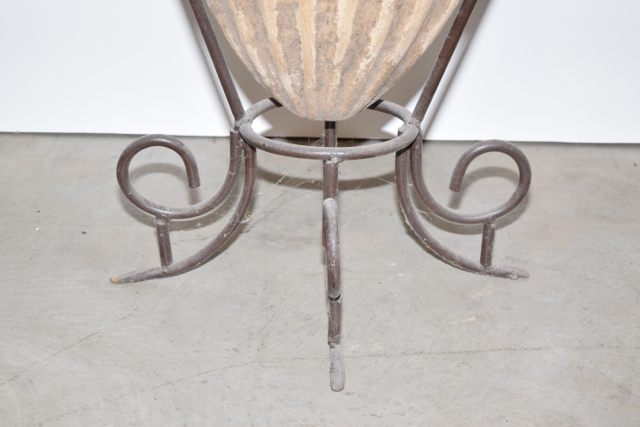 Antiqued Finish Bullet Style Terracotta Floor Vase in a Metalwork Base