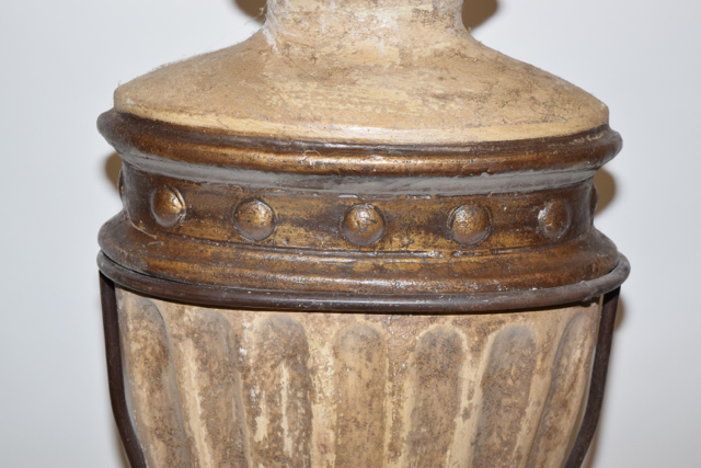 Antiqued Finish Bullet Style Terracotta Floor Vase in a Metalwork Base