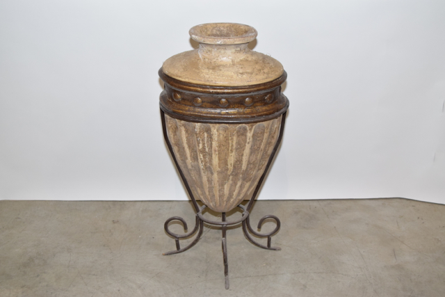 Antiqued Finish Bullet Style Terracotta Floor Vase in a Metalwork Base