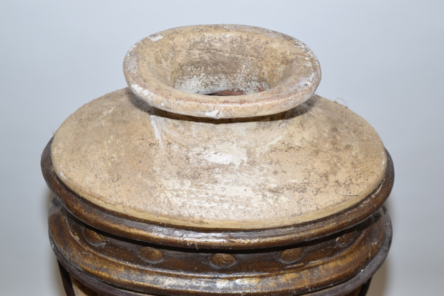 Antiqued Finish Bullet Style Terracotta Floor Vase in a Metalwork Base
