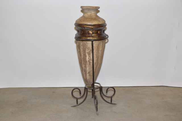Antiqued Finish Bullet Style Terracotta Floor Vase in a Metalwork Base