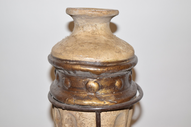 Antiqued Finish Bullet Style Terracotta Floor Vase in a Metalwork Base