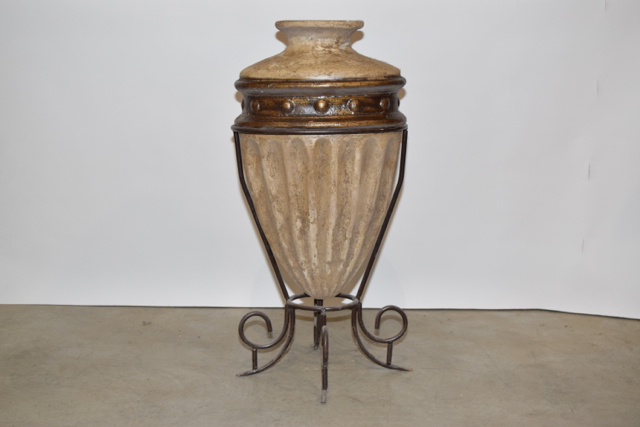 Antiqued Finish Bullet Style Terracotta Floor Vase in a Metalwork Base