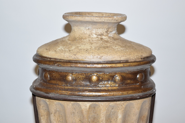 Antiqued Finish Bullet Style Terracotta Floor Vase in a Metalwork Base