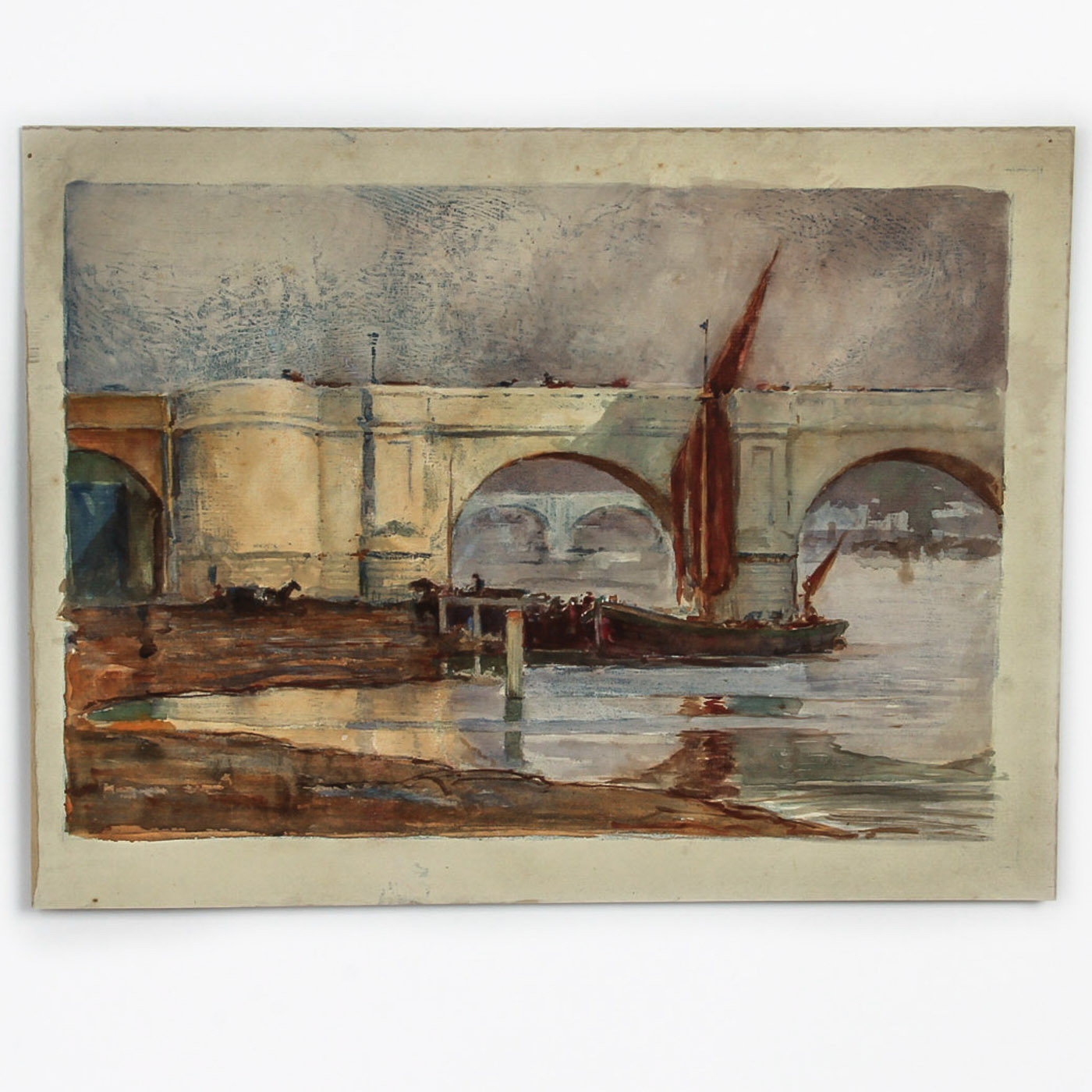 French School Watercolor and Oil Pastel Painting on Card "Bridge at Low Tide"