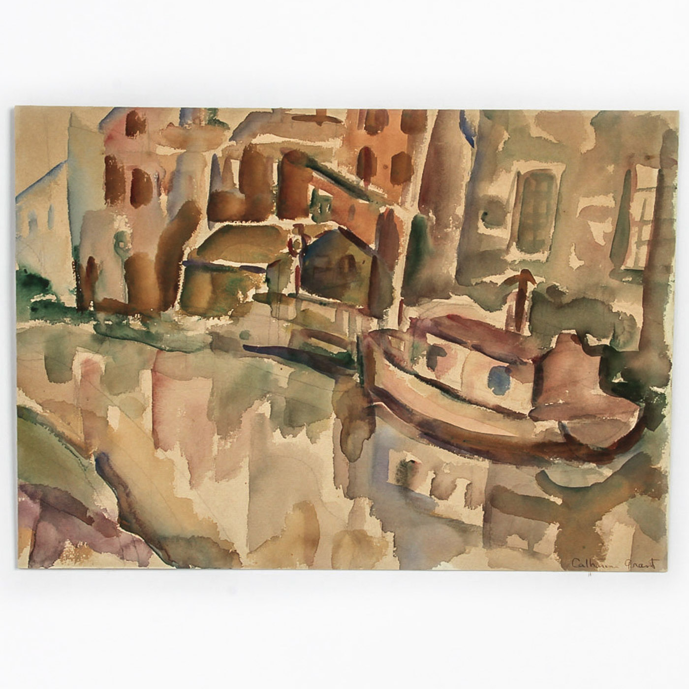 Catherine Grant Watercolor Painting on Paperboard "Industrial Harbor"