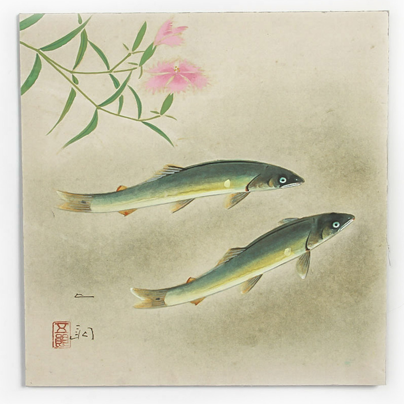 Gouache Painting on Card "Brace of Trout Beneath Blossoms"