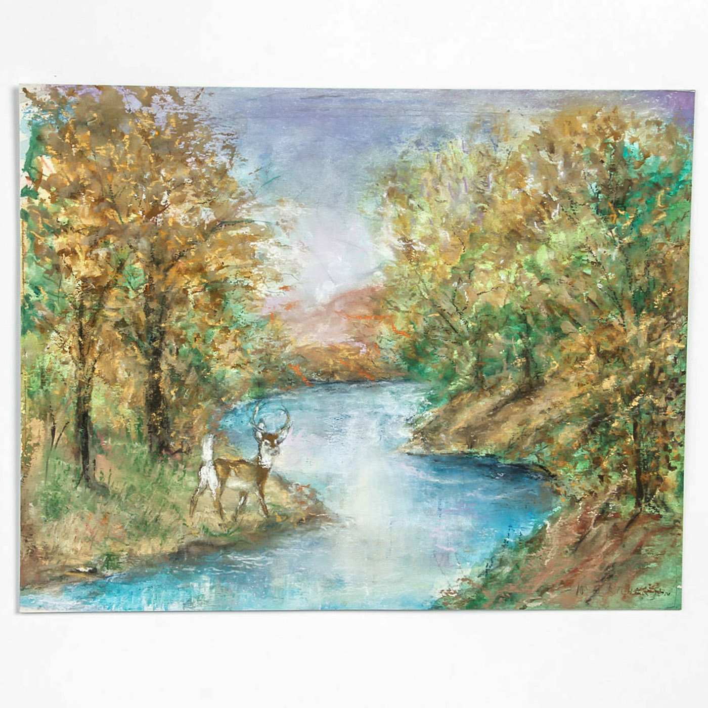 T. Richardson Mixed Media Painting on Cardboard "Sunset, River Landscape"