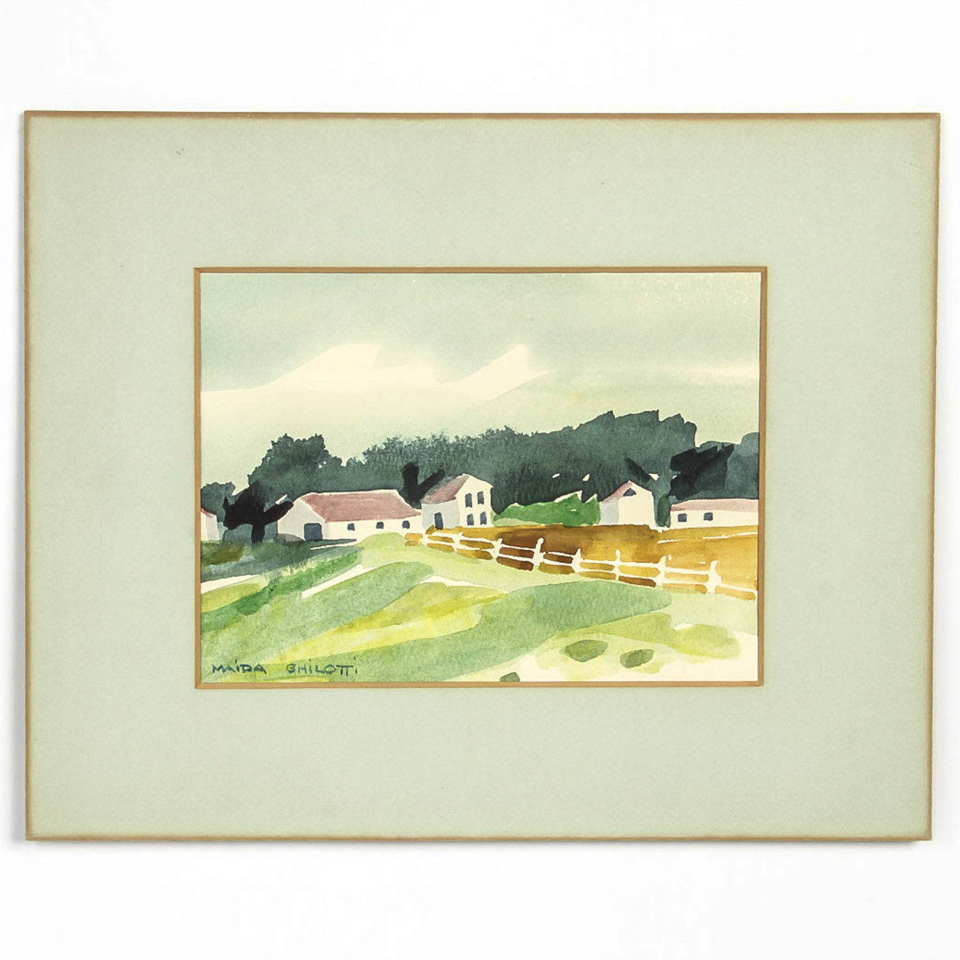 Maida Ghilotti Watercolor Painting on Paper "Farmhouses in Landscape"