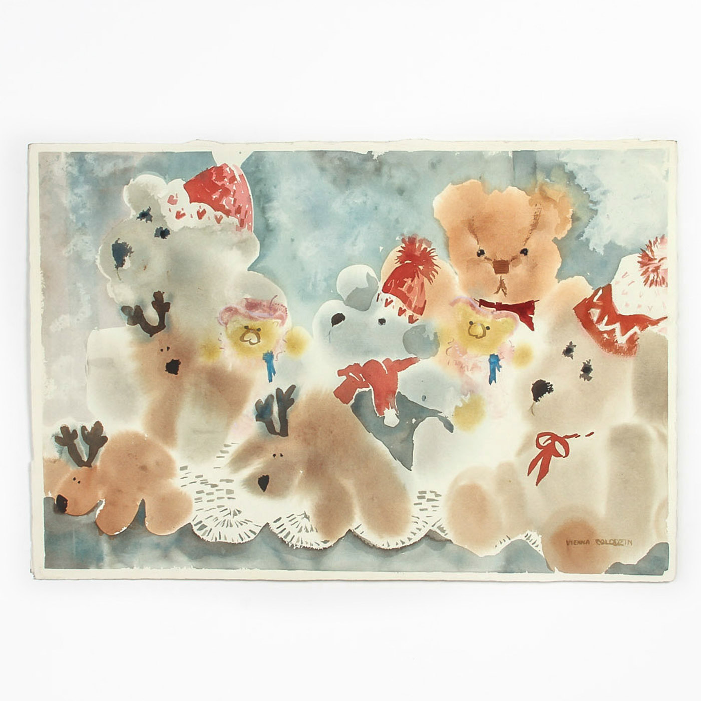 Vienna Colodzin Watercolor and Gouache Painting on Paper "Teddy Bear Symposium"