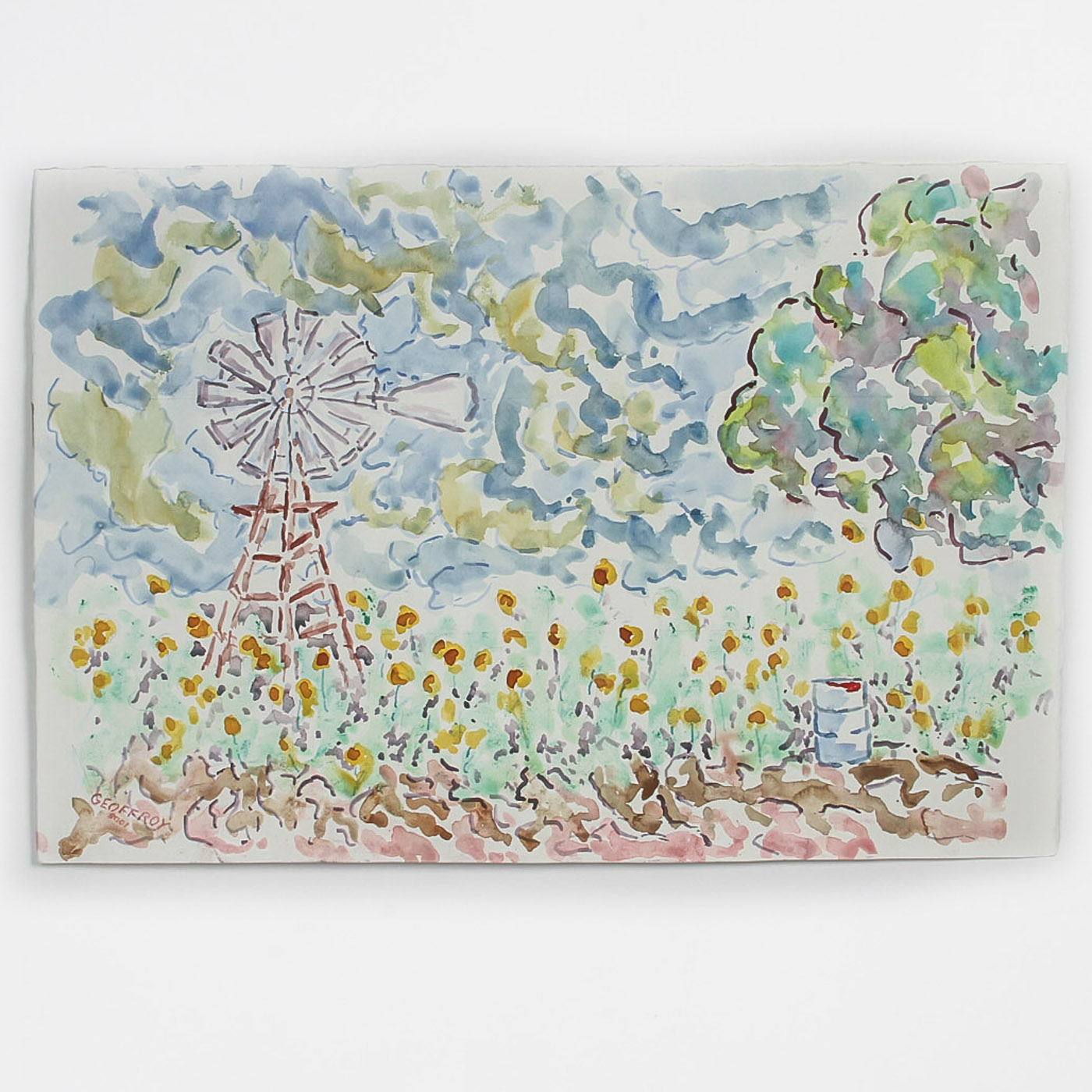Donald Geoffroy Watercolor Painting on Paper "Windmill in Summer"