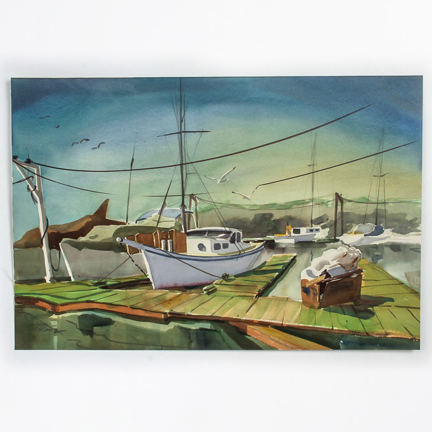 Jan Kunz Watercolor Painting on Paper "Harbor Sunset with Seagulls"