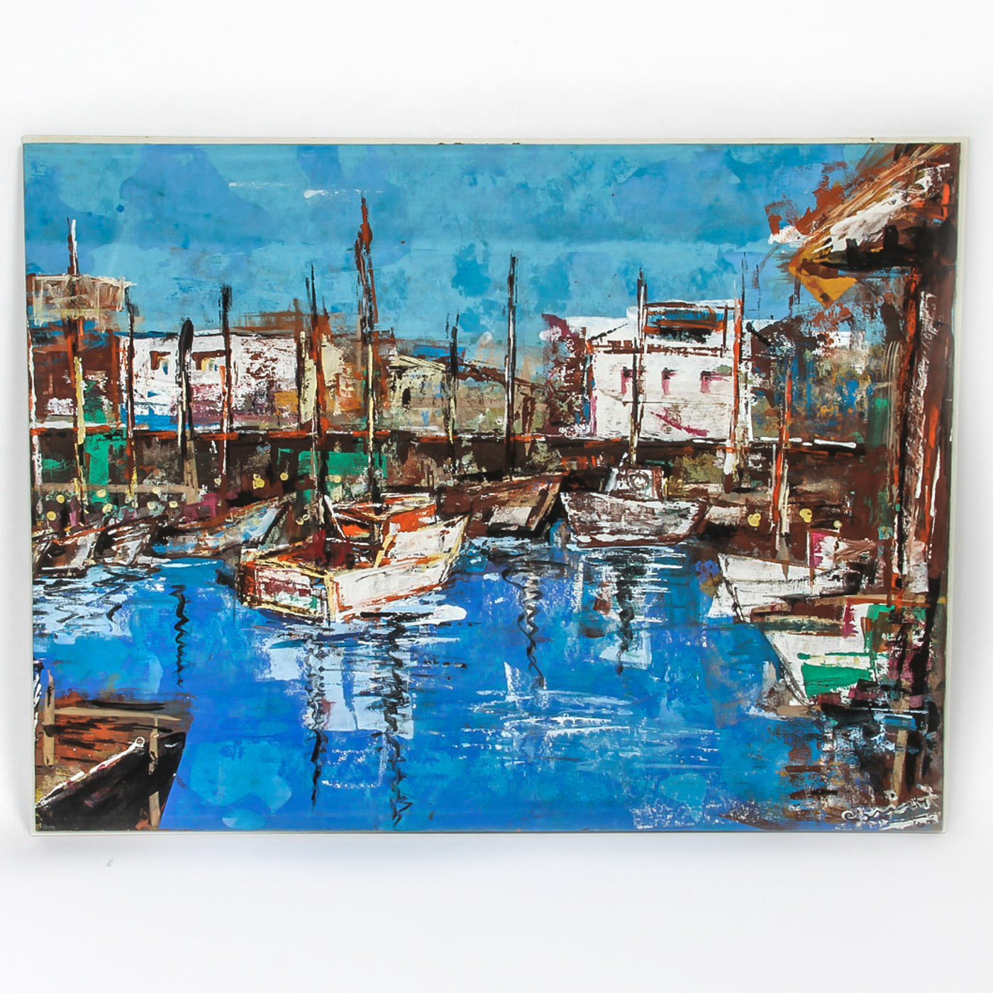 Christine Dickman Gouache Painting on Canvas Board "Boats in Harbor"
