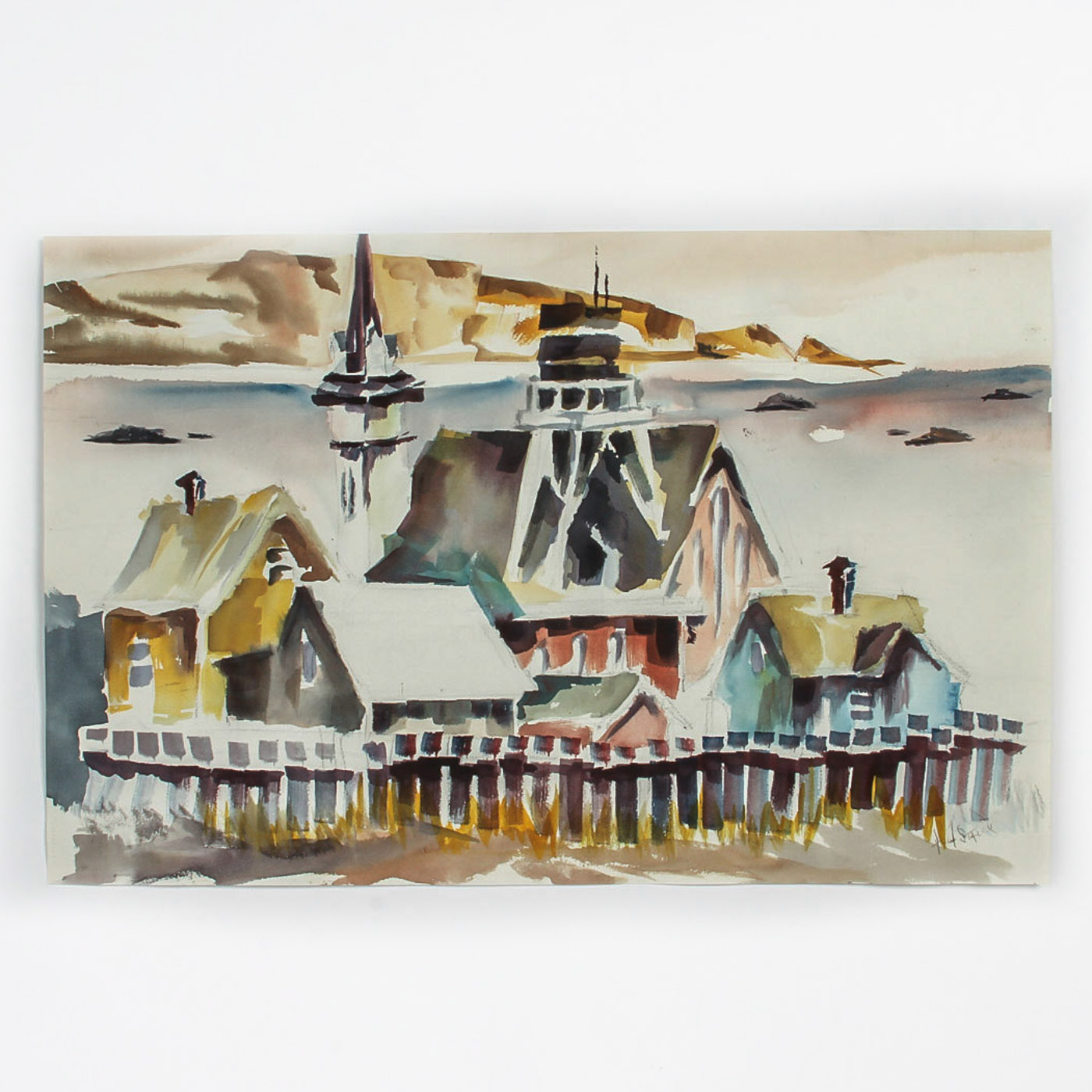 Hugh Staley Watercolor Painting on Paper "Harbor Scene with Old Wharf"