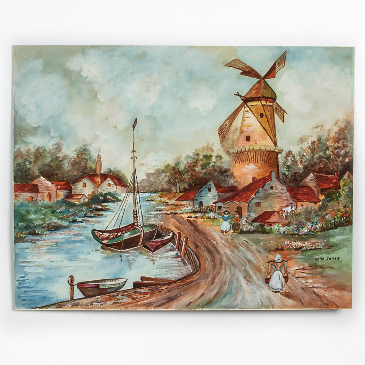 Sara Jones Watercolor and Gouache Painting on Paperboard "Dutch Canal Scene"