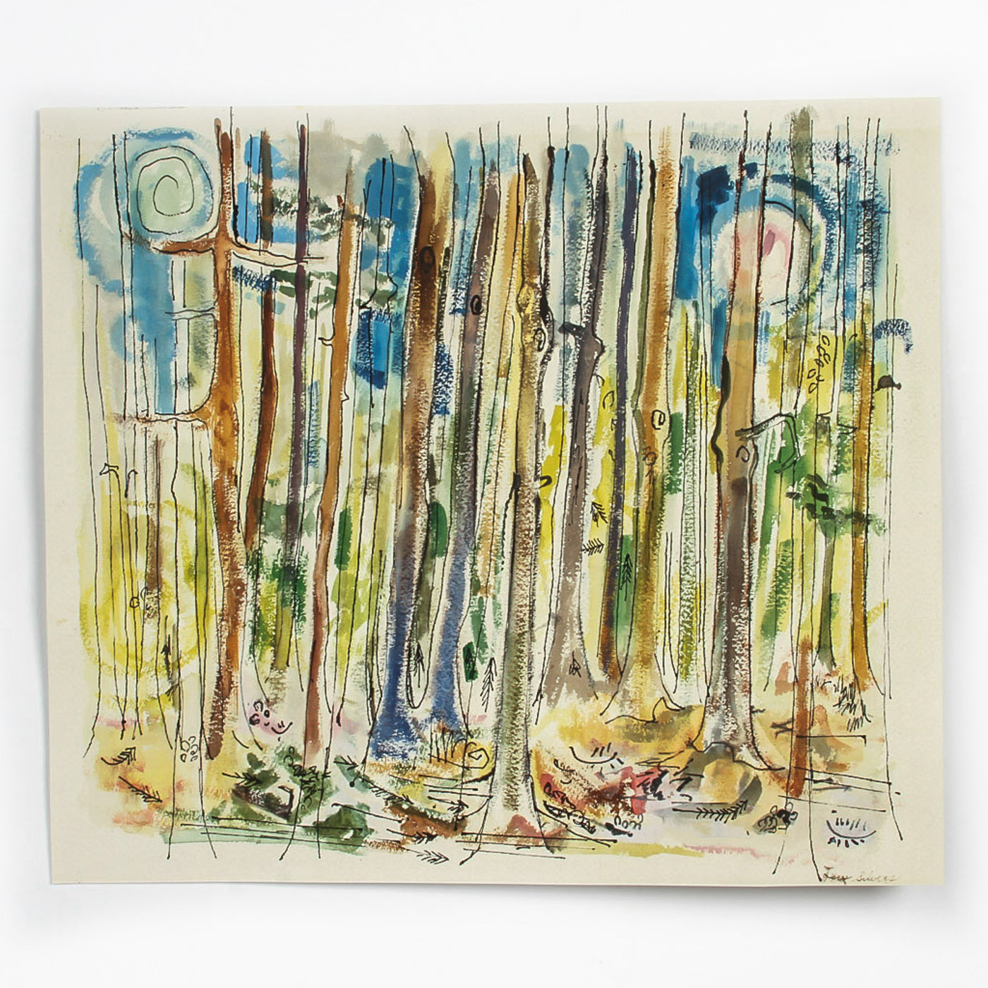 Lew Silvers Mixed Media on Paper "Sunlit Woodland Scene"