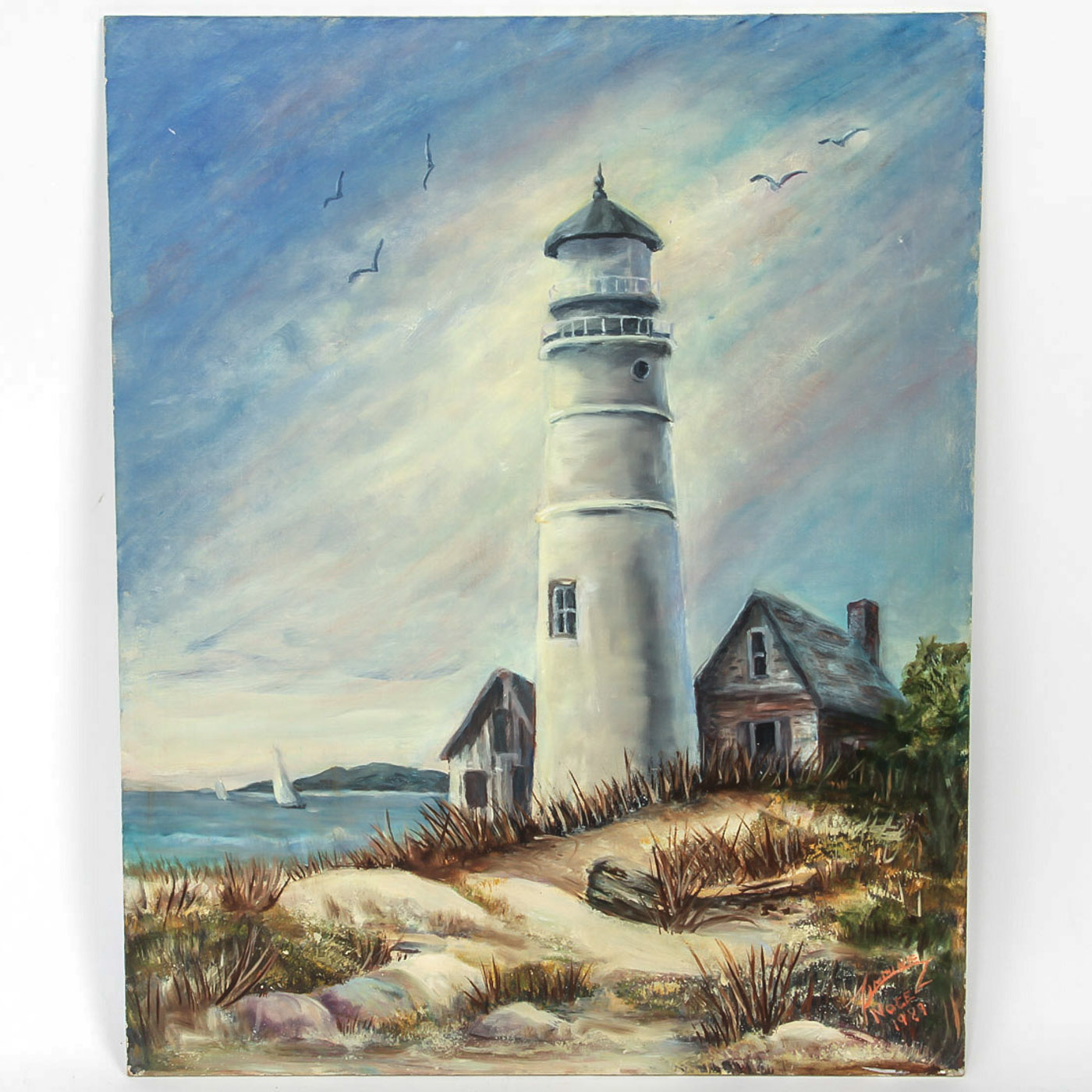 Signed Oil Painting on Board "Coastal Scene with Lighthouse"