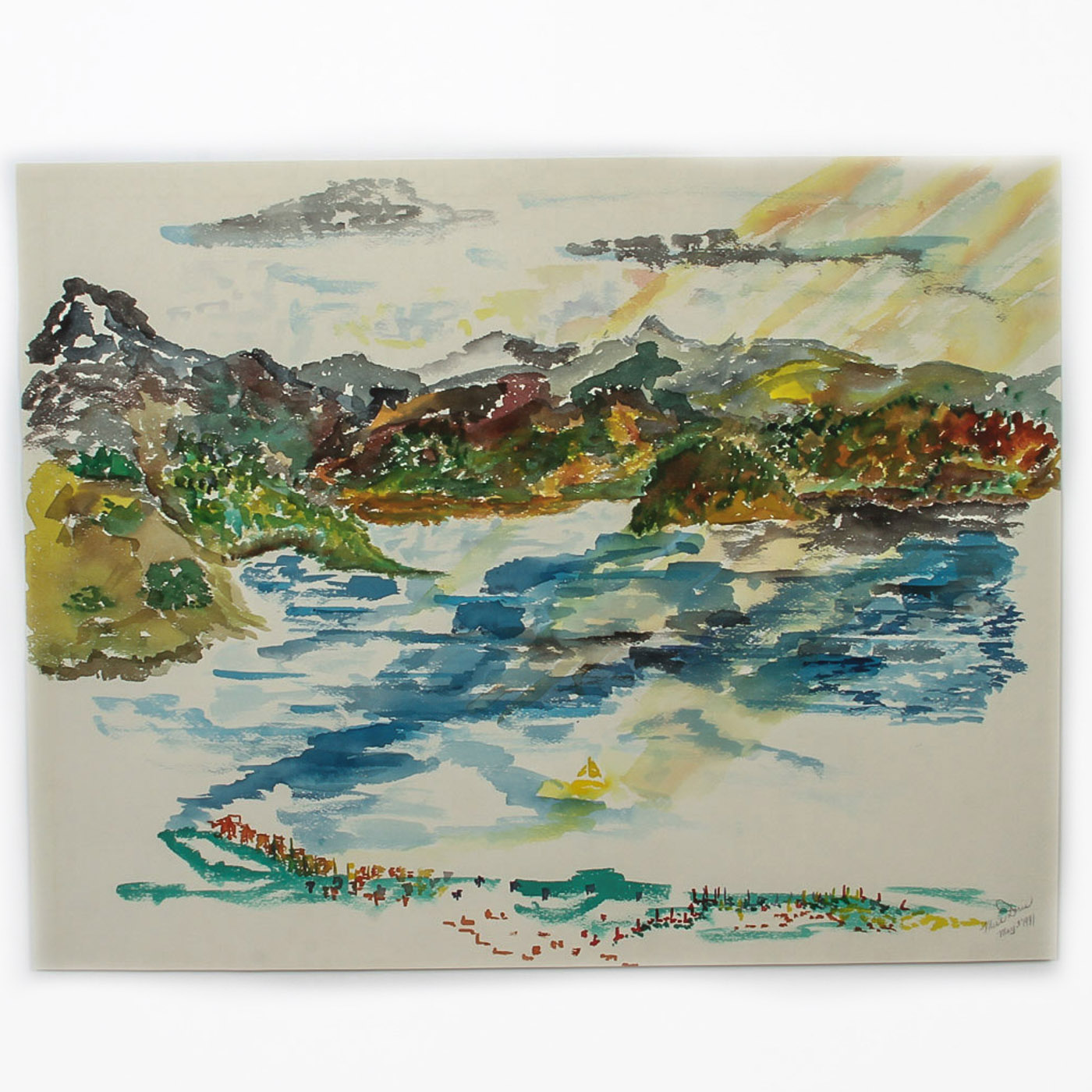 Miss Doris Watercolor Painting on Paper "Sunset Lake Landscape"