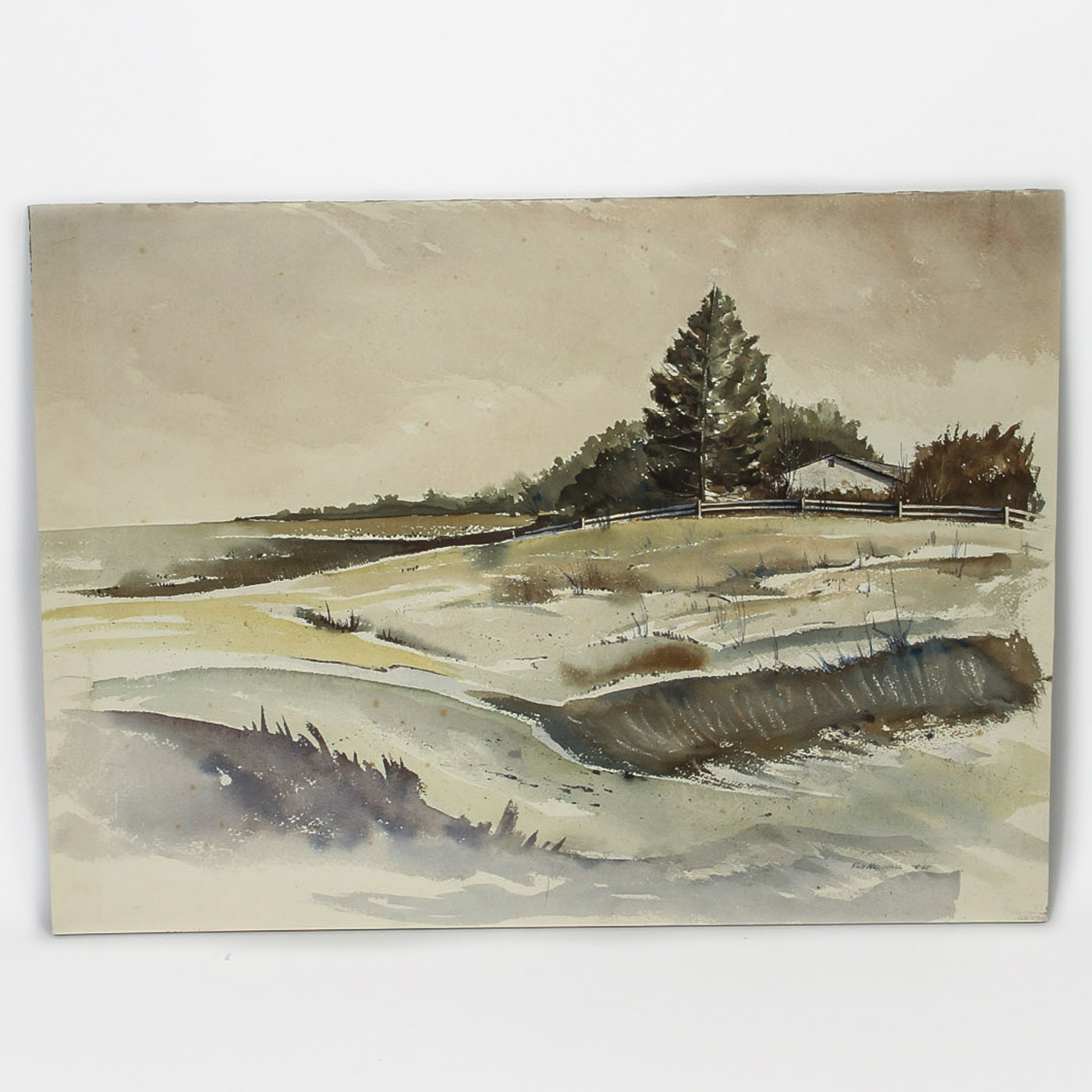 Rod Newhall Mixed Media Painting on Paperboard "Evening Landscape"