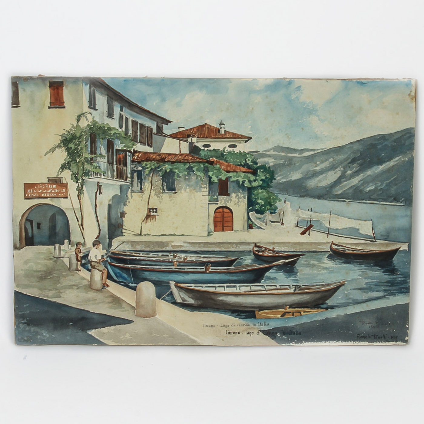 Romolo Tonelli Watercolor Painting on Cardstock "Boys Fishing in Lake Garda"