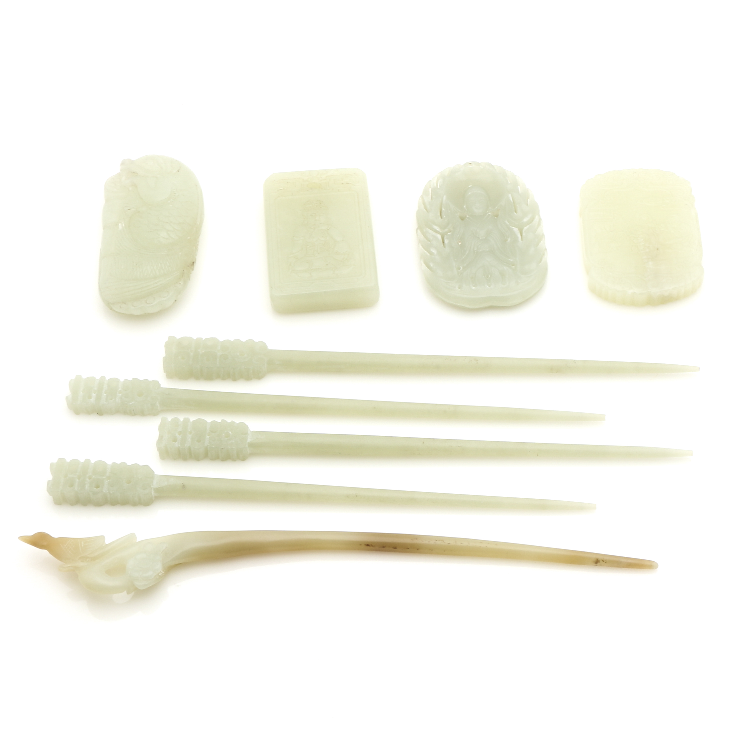 Bowenite Accessories Including Hair Sticks and Pendants