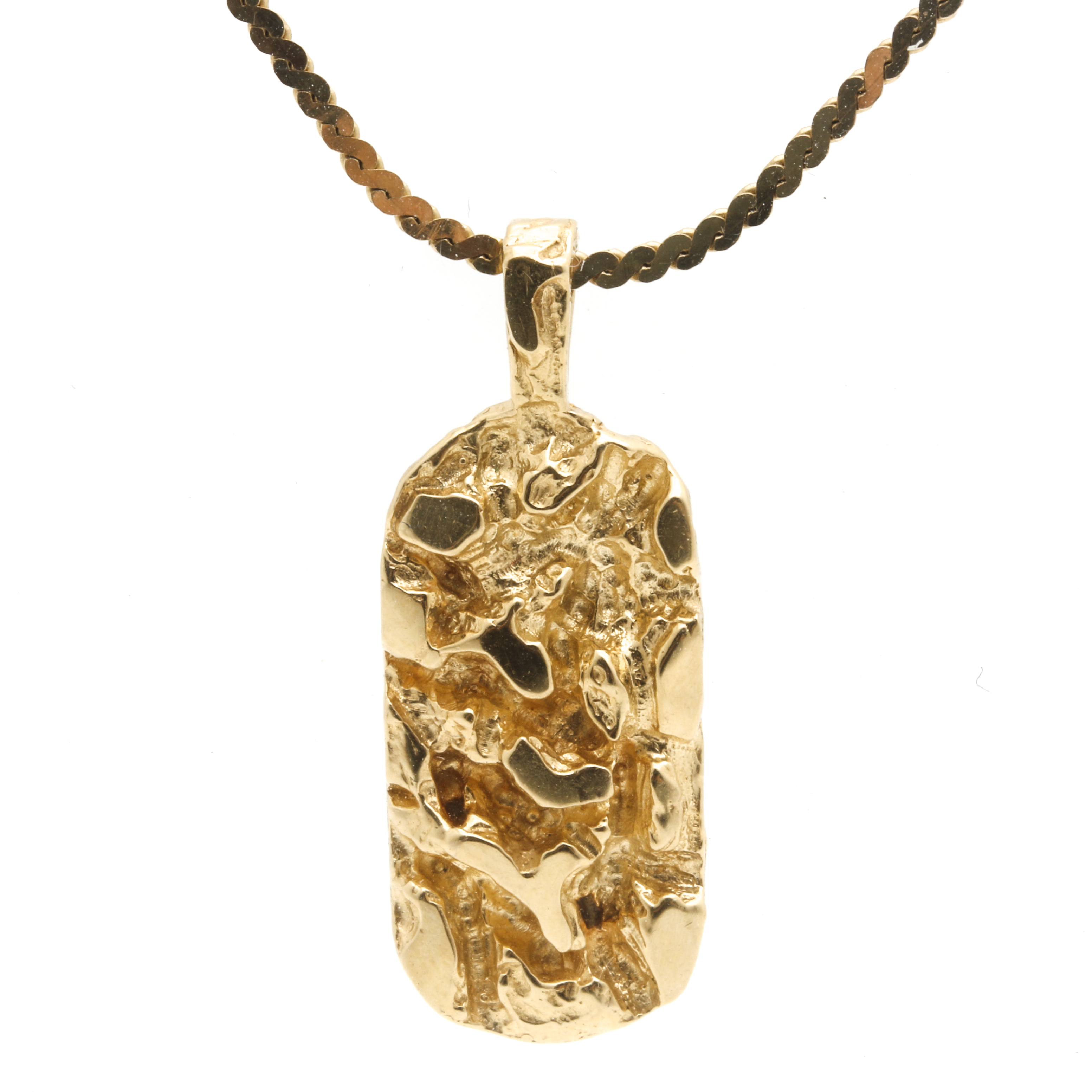 14K Yellow Gold Serpentine Necklace With Gold Nugget Pendant