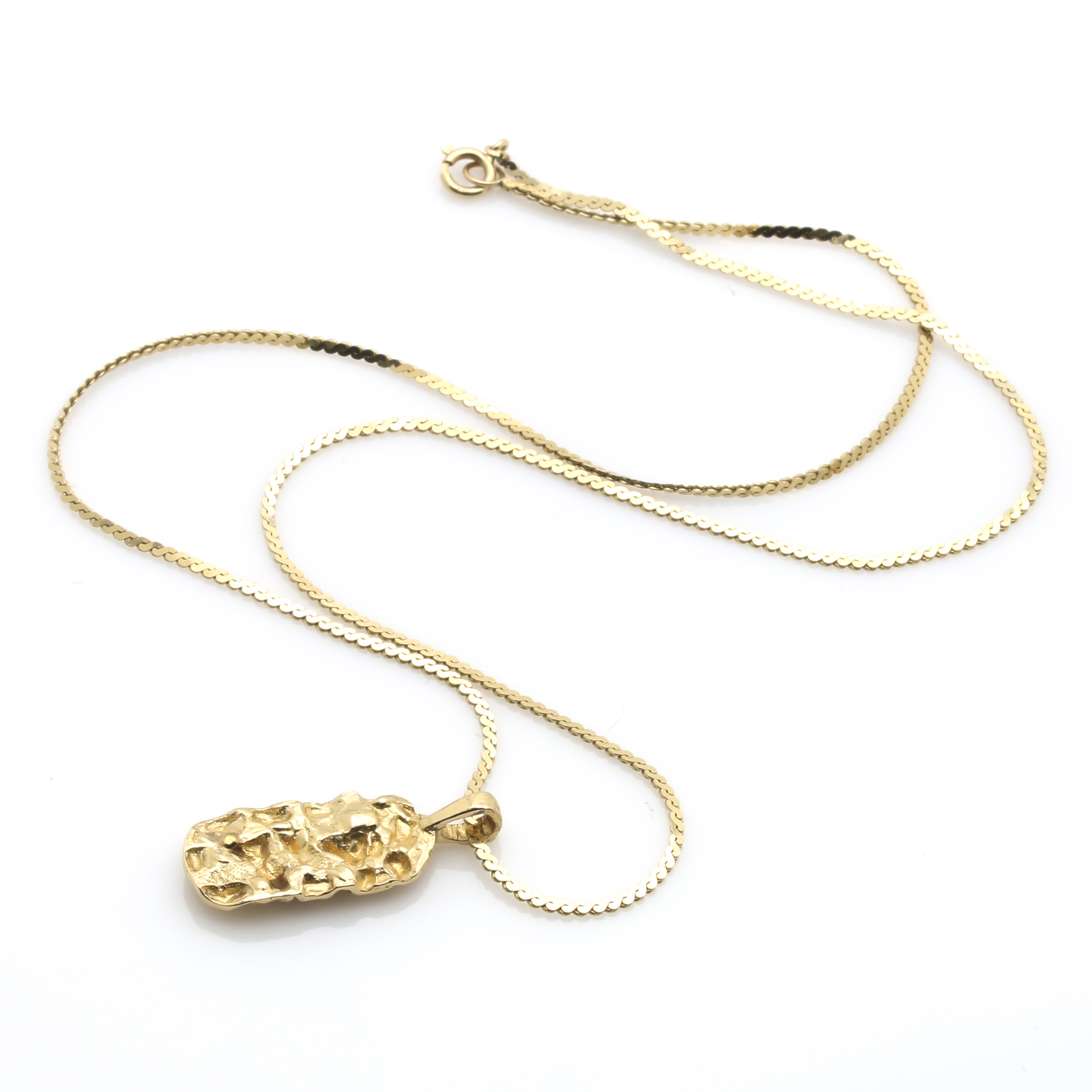 14K Yellow Gold Serpentine Necklace With Gold Nugget Pendant