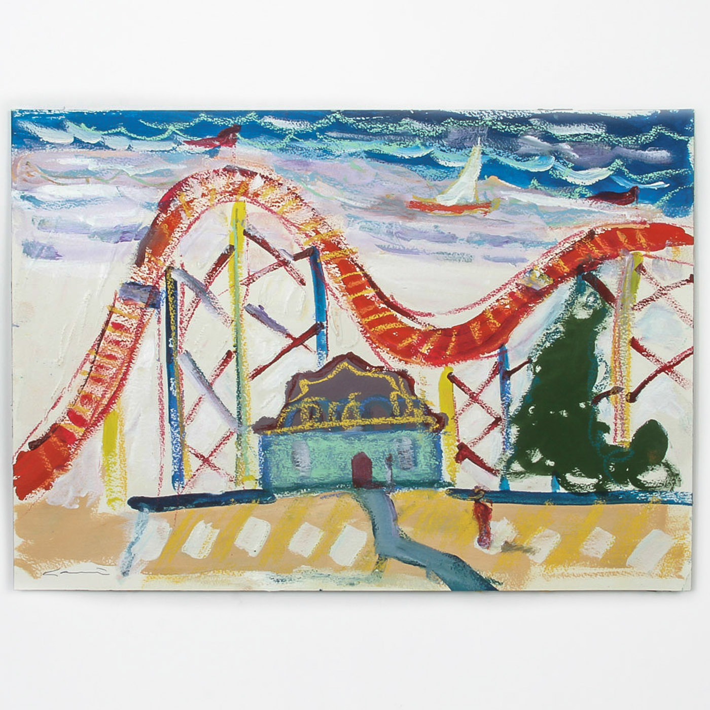 Robert Canete Mixed Media Painting on Paper of Roller Coaster
