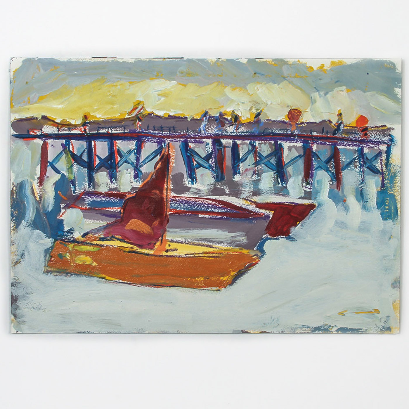 Robert Canete Oil and Crayon Painting on Paper "Santa Cruz Wharf"